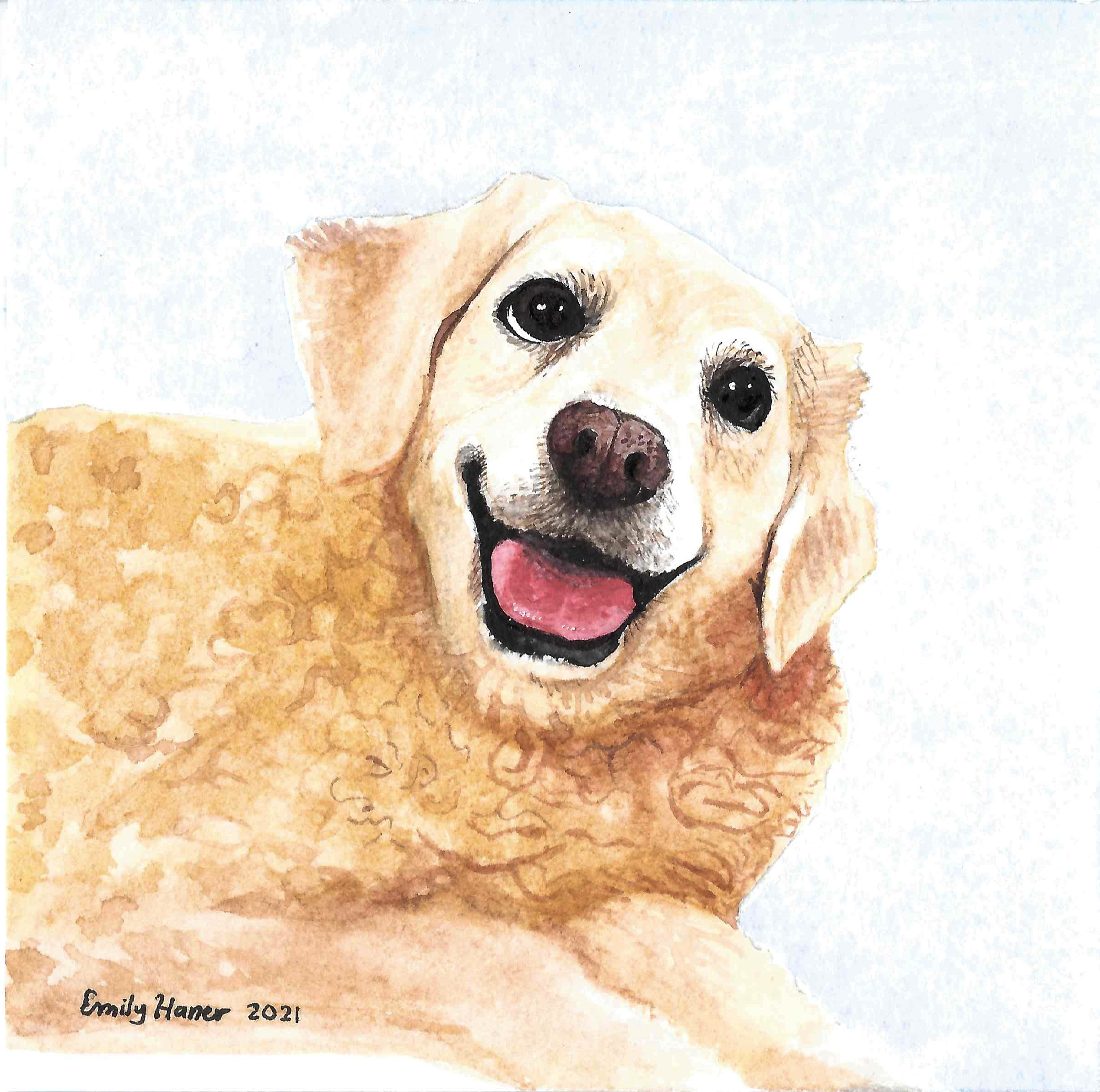 Watercolor portrait of Bella, a smiling golden dog
