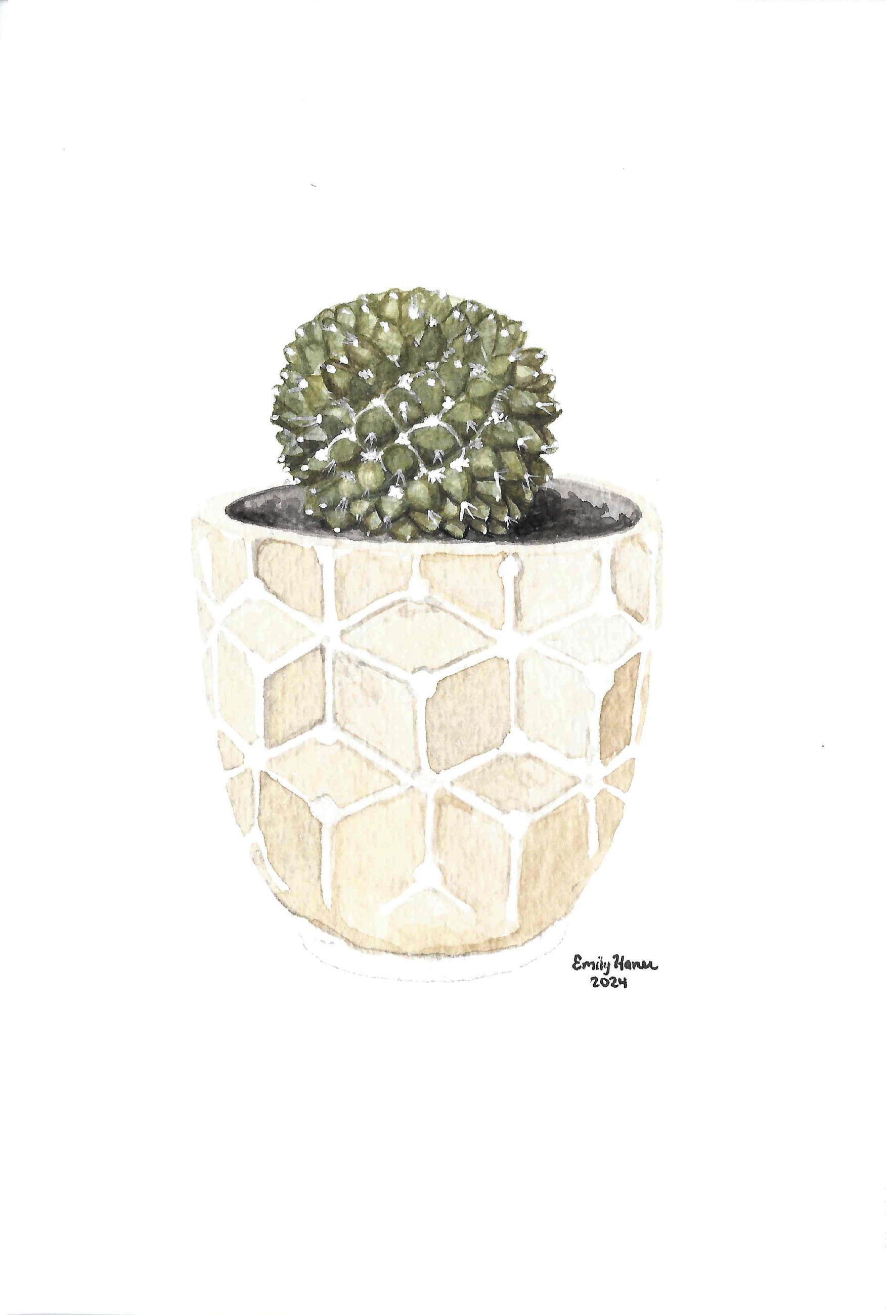 Watercolor of a round cactus in a patterned ceramic pot