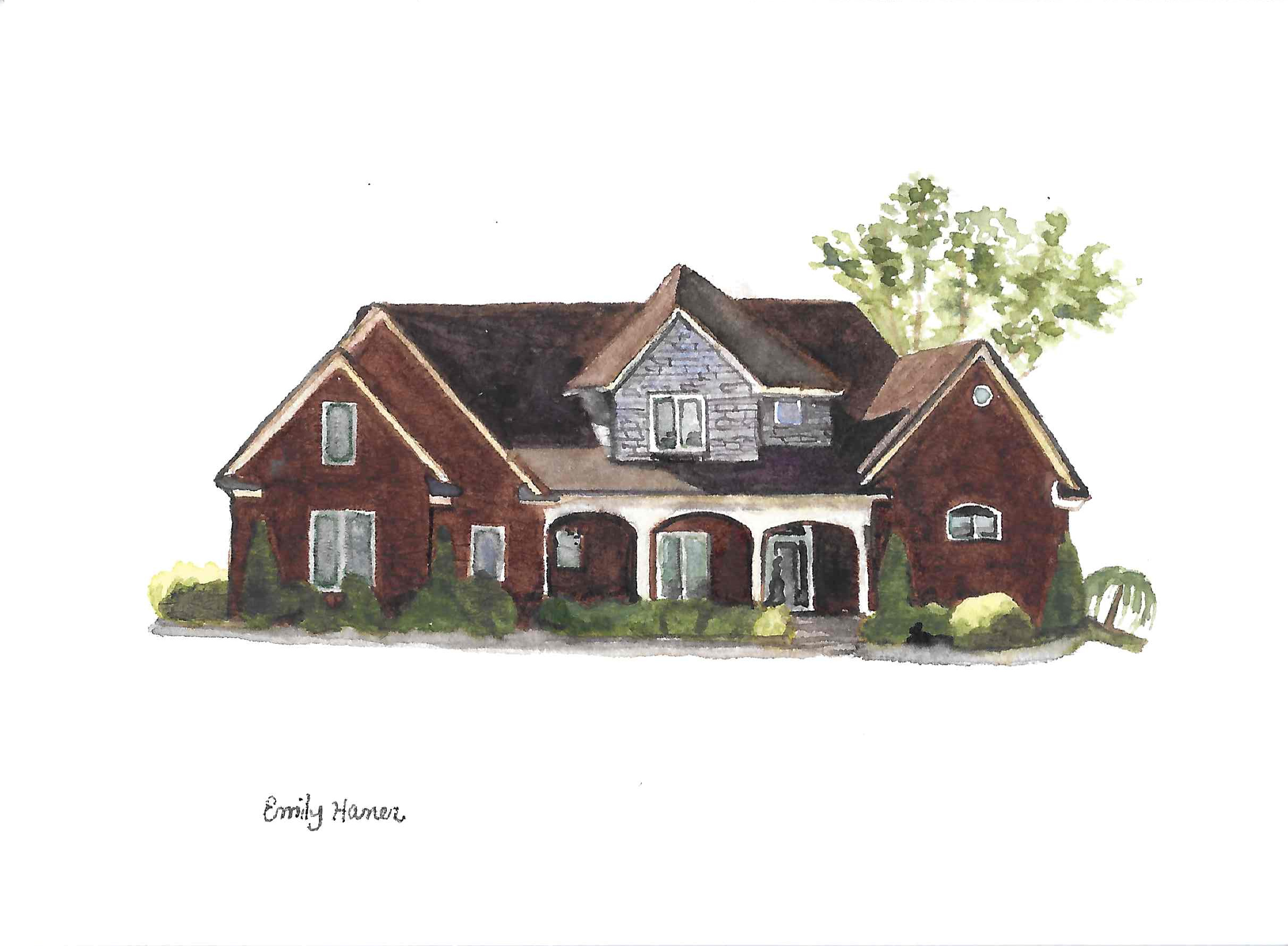 Watercolor of a brick house with a front porch