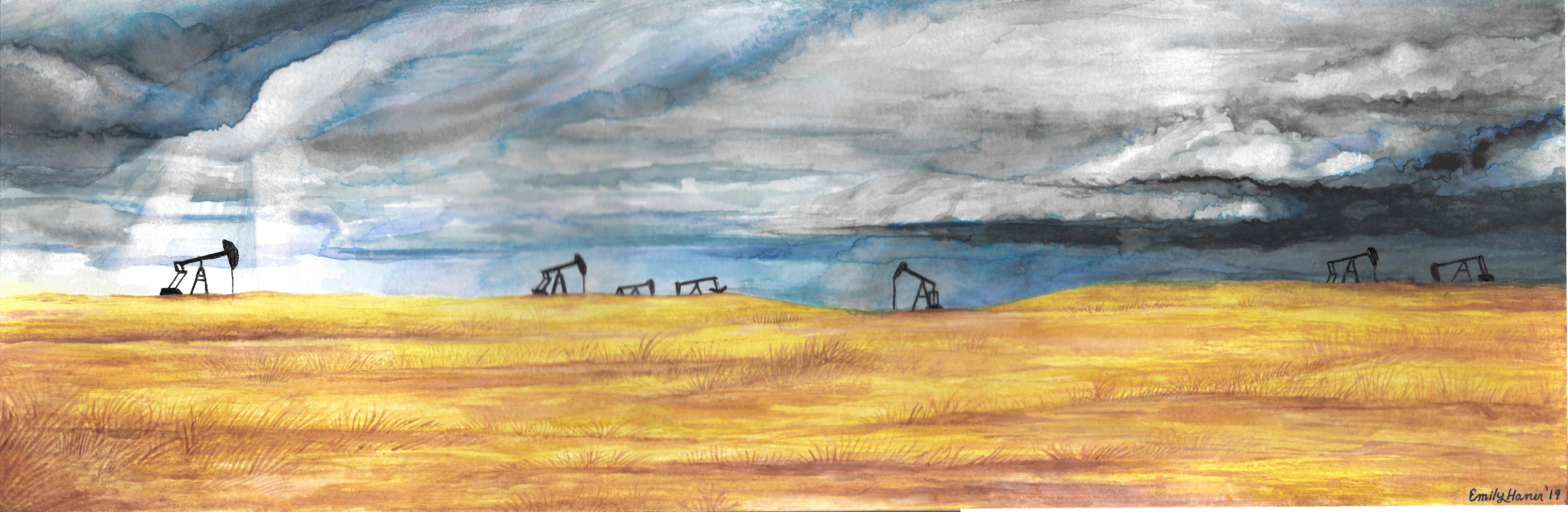 Panoramic watercolor landscape of golden fields and oil pumpjacks beneath a dramatic blue-gray sky